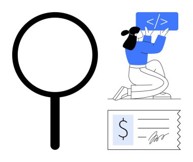 Büyük ekranda kod yazmak için diz çökmüş bir kadın, bitişik büyüteç ve ödeme makbuzu. Kodlama, teknoloji, arama, yazılım, finans, ödeme işlemleri için ideal, basit iniş sayfası