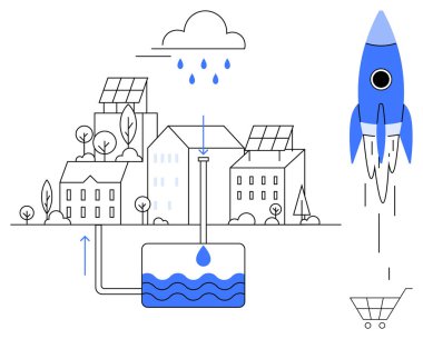 Yağmur suyu hasat sistemi güneş panelleri ve verimli şehir planlama ile çevre dostu akıllı şehirlere entegre edildi. Sürdürülebilirlik için ideal, yenilenebilir enerji, yenilik, kentsel kalkınma, yeşil