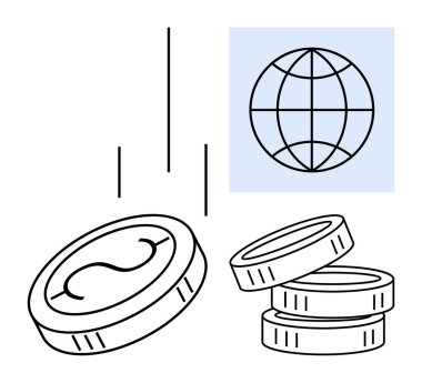 Hareket halindeki sikkeler ve dünya çapında biriken paralar mali büyüme, dijital ekonomi ve küresel ticareti işaret ediyor. Ekonomi, fintech, yatırımlar, küreselleşme, para birimi, tasarruf finansmanı için ideal