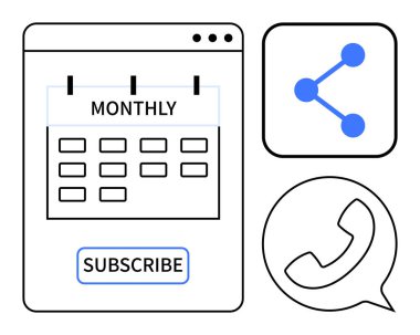 Aylık olarak abonelik düğmesi, simge paylaşımı ve telefon iletişim sembolü ile etiketlenmiş takvim arayüzü. Üyelik planları, programlama, sosyal ilişkiler, bağlantılar, iletişim için ideal