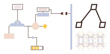 Şekilli akış şeması, dolgu bağlantısı, pil, bulut ve dal diyagramı. Devre gösterimini de içeriyor. Teknoloji, veri akışı, işlem yönetimi enerji sistemleri bulut hesaplaması için ideal