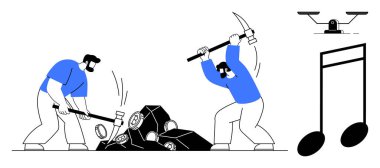 İki işçi balta ve çekiçle taşları kırıyor. Görsel elementlerin yanında müzik notaları ve denge tartısı da var. Takım çalışması, ritim, emek, denge, üretkenlik, kararlılık için ideal, basit düz