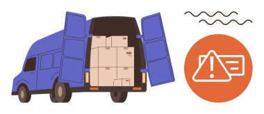 Kutularla dolu kargo minibüsü ve uyarı sembolü teslimat riskleri veya lojistik sorunları olduğunu gösteriyor. Nakliye, lojistik, ulaşım, güvenlik, risk yönetimi, tedarik zinciri, depolama temaları için ideal