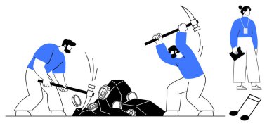 Elinde dosya tutan bir kadın tarafından denetlenen aletlerle taş kıran işçiler. Takım çalışması, emek, mineraller, madencilik endüstrisi, kaynak yönetimi, denetim, azim için ideal basit düz metafor