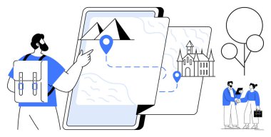 Sırt çantalı adam işaretli yerleri, işaretleri ve güzergahı gösteren dijital haritayı işaret ediyor. Grup etkileşimi ve doğa yakınlarda. Seyahat, seyrüsefer, planlama, keşif, teknoloji turizmi için ideal