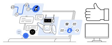 Yapay zeka sohbet robotu konuşma baloncukları, duygular ve iş akışı simgeleriyle ekranda etkileşir. Otomasyon için ideal, müşteri hizmetleri, üretkenlik, teknoloji, iletişim, iş akışı basit iniş sayfası