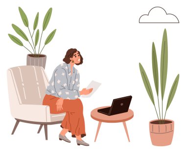 Bir kadın elinde kağıt, masada dizüstü bilgisayarla rahat bir sandalyeye oturmuş, etrafı saksılarla çevrili. Uzaktan çalışma, tefekkür, çevre dostu yaşam tarzı, üretkenlik, ev ofisi, minimalizm için ideal