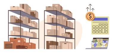 Yığınla kutu dolu depo rafları, bir hesap makinesi, yükselen oklarla dolu bir dolar sembolü ve bir laptop ekranı. Lojistik, tedarik zinciri, planlama, üretkenlik, e-ticaret maliyeti için ideal