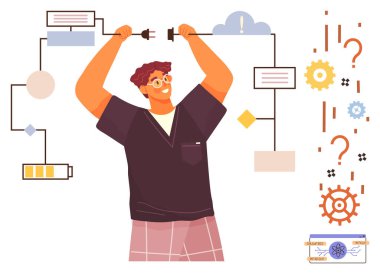 Diyagram elementlerinin arasına bağlı olmayan kabloları dizen kişi dişlileri, bataryaları ve soru işaretlerini kontrol eder. Yenilik için ideal, teknoloji, problem çözme, güç, yaratıcılık, takım çalışması beyin fırtınası