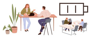 İki iş arkadaşı, bir masada dizüstü bilgisayarlarla, bir konferans masasında takım beyin fırtınalarıyla ilgili fikirleri tartışıyor. Pil seviyesi düşük. Üretkenlik, takım çalışması, işbirliği, enerji ve iş hayatı için ideal