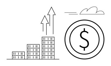 Büyüyen sütunları, yukarı doğru okları, dolar şeklindeki para çizgileri ve bulut tasarımı olan çubuk grafik. Finans, yatırım, kâr, başarı büyüme, ekonomik planlama ve kalkınma için idealdir. Basit düz metafor