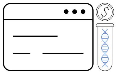 Test tüpünün içinde DNA sarmalı ve yanında madeni para simgesi olan tarayıcı pencere düzeni. Biyoteknoloji, araştırma finansmanı, genetik çalışmalar, yenilik, teknoloji, bilim eğitimi, yatırım için ideal