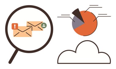 E- posta uyarılarını vurgulayan büyüteç, veri içgörüleri için pasta grafiği, bulut depolama sembolü. İletişim, analitik, veri yönetimi, siber güvenlik, depolama, e-posta pazarlama için ideal