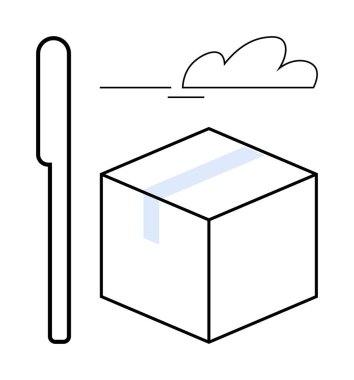 İçinde bant tasarımı olan paket kutusu, hız gösteren uçan bıçak, hareket eden minimalist bulut. Lojistik, nakliye, ambalaj, e-ticaret, dağıtım hizmetleri, hız sadeliği metaforu için ideal