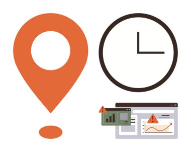 Turuncu lokasyon iğnesi, siyah saat ve uyarı göstergeleriyle birlikte çoklu ekran veri tablosu. Analiz, mühlet, izleme, raporlama, üretkenlik, risk yönetimi için ideal basit düz metafor