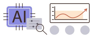 Akort kontrollü yapay zeka işlemcisi, büyüteç ve yukarı doğru eğilimi gösteren grafik. Teknoloji, yenilik, otomasyon, veri analizi, makine öğrenme araştırma stratejisi için idealdir. Temiz