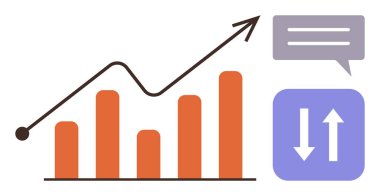 Yukarı doğru eğilim çizelgesi, konuşma balonu ve aşağı doğru okları olan bar tablosu ilerlemeyi, veri alışverişini, iletişimi ve analizi gösteriyor. İş, büyüme ve finans stratejisi için ideal takım çalışması