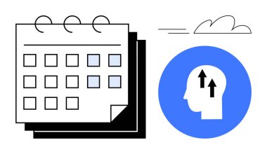 İşaretli tarihli takvim, yukarı doğru dairesel mavi arkaplan oklu kafa profili. Zaman yönetimi, planlama, organizasyon, verimlilik, büyüme odakları için idealdir. Basit düz