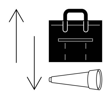 Yukarı ve aşağı bakan oklar, evrak çantası ve teleskop iş stratejisini, ilerlemeyi, kariyer büyümesini, karar verme mekanizmasını, keşfi, hedef belirleme ve fırsat değerlendirmesini sembolize etmektedir. Başarı için ideal
