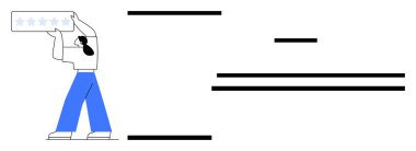 Beş yıldızlı bir kart tutan kadın müşteri memnuniyetini, kalitesini ve olumlu değerlendirme sistemlerini sembolize ediyor. Geribildirim vurgusu, değerlendirme platformu, kullanıcı deneyimi ve kalite için ideal