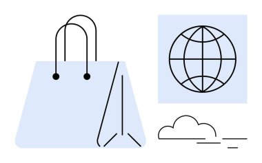 Kulplu alışveriş torbası, dünya çapındaki ticareti sembolize eden küre, bulut aksanı. E-ticaret, küresel taşımacılık, perakende satış, sürdürülebilirlik, online alışveriş minimalizmi iş stratejileri için idealdir. Basit.