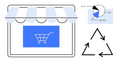 Alışveriş arabası ikonu, geri dönüşüm okları ve veri tablosu olan dijital mağaza önü. E-ticaret, sürdürülebilirlik, çevre dostu uygulamalar, istatistik, pazarlama, dairesel ekonomi için ideal