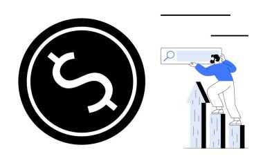 Yükselen oklara tırmanan ve arama çubuğuna uzanan bir figürün yanında stilize tasarımı olan dolar sikkesi. Finans, büyüme, başarı, yatırım, iş, strateji dijital ekonomisi için idealdir. Basit düz
