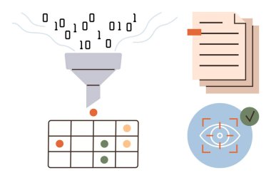 Bir huniden geçerek tablolar, belgeler ve göz sembolü ile veri doğrulama sistemine giden ikili veri. Makine öğrenimi için ideal, yapay zeka, büyük veri, filtreleme, organizasyon, otomasyon basit düz
