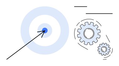 Ortasında ok olan mavi hedef ve yakınlarda dönen vitesler, verimliliği, takım çalışmasını ve stratejik planlamayı temsil ediyor. Başarı, başarı, iş akışı, işlemler, işbirliği için ideal