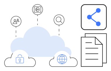 Küresel sembollü bulut, asma kilit ve dosya paylaşım simgeleri. Kesik çizgiler birden fazla elementi birbirine bağlar. Bulut bilgisayarı, veri güvenliği, takım çalışması, yenilik ve uzak çalışma dosya paylaşımı için ideal