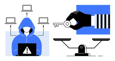 Hacker, veri akışı çizgileri olan dizüstü bilgisayar kullanıyor. Anahtar, dengeli ölçeğe yakın çizgili elde. Siber güvenlik, veri koruması, adalet, dijital etik, çevrimiçi dolandırıcılık, karar verme mekanizması, bilgisayar korsanlığı
