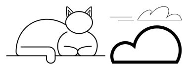 Kedi sakince yerde yatıyor. Bulutla birlikte. Çizgi sanatı tarzında. Huzur, rahatlık, dinlenme, minimalizm, doğa, rahatlama, farkındalık için idealdir. Basit bir düz metafor.