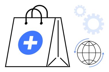 Tıbbi haçlı alışveriş torbası, oklu dünya ve küresel ekomünikasyon, lojistik, sağlık hizmetleri, yenilik, sürdürülebilirlik, takım çalışması ve dijital dönüşümü gösteren vites simgeleri. Basit düz