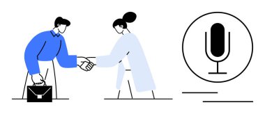 Elinde evrak çantası olan bir iş adamı büyük bir mikrofon resminin yanında profesyonel bir kadınla el sıkışıyor. Ortaklık, iletişim, takım çalışması, müzakere, toplantı, işbirliği için ideal