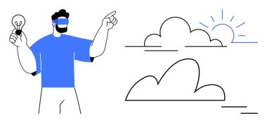 Sanal gerçeklik gözlüğü takan adam elinde bir ampul tutuyor ve teknolojiyi, yeniliği ve yaratıcılığı sembolize ediyor. Teknoloji için ideal, yenilik, yaratıcılık, gelecek, vizyon VR basit düz