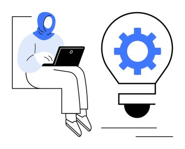 Başörtülü kadın otururken dizüstü bilgisayar kullanıyor, içinde teçhizat olan bir ampulün yanında. Yenilik için ideal, yaratıcılık, teknolojik çözümler, üretkenlik, modern düşünce, çeşitlilik dijital öğrenme. Basit.