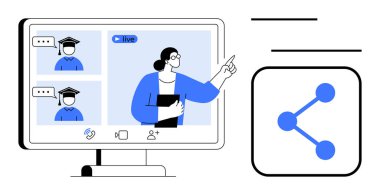 Öğretmen video konferansı yoluyla öğrencilerle çevrimiçi bir ders veriyor. Paylaşım özelliği ile birlikte bir monitörde görüntülendi. Eğitim, e-öğrenim, işbirliği, iletişim, web siteleri için ideal