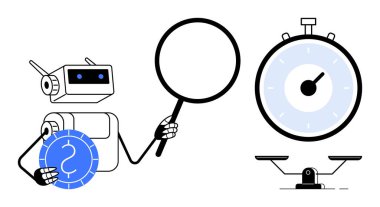 Robot büyüteç ve disk tutuyor, kronometre ve ölçeği analiz ediyor zaman yönetimi, verimlilik ve dengeyi vurguluyor. Teknoloji, otomasyon, üretkenlik, analiz, karar verme için ideal