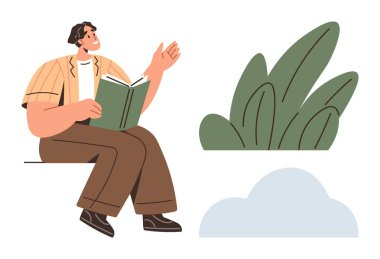 Bir kitabı tutan rahat bir birey, bitkilerin ve bulutların yanında oturmuş, anlamlı bir şekilde el kol hareketi yapıyor. Eğitim, hikaye anlatma, yaratıcılık, eğlence, doğa, farkındalık için ideal. Basit bir daire.