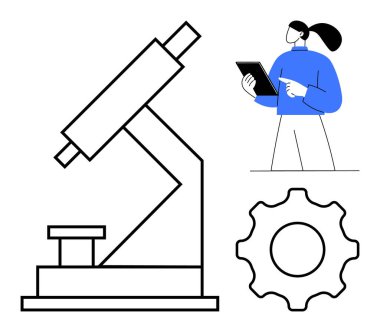 Bilim adamlarının elinde tablet, mikroskop ve teçhizat var. Bilim, teknoloji, araştırma, mühendislik, eğitim, yenilik için ideal STEM ve basit iniş sayfası