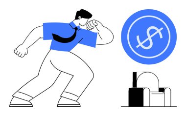 Mavi gömlekli bir iş adamı, parlayan bir dolar işaretine doğru kararlı adımlar atar, finansal hırsı, ilerlemeyi ve başarıyı simgeler. Finans, liderlik, kariyer büyümesi ve yatırım için ideal