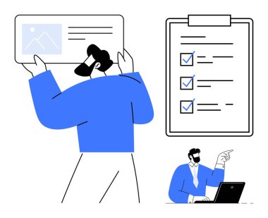 Resim içeriğini inceleyen kişi, pano kontrol listesi, beyin fırtınası için dizüstü bilgisayar kullanan profesyonel kişi. Takım çalışması, üretkenlik, planlama, proje yönetimi, iletişim, yaratıcılık için ideal