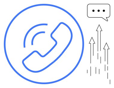 Dairesel çerçevede telefon alıcısı simgesi, elipsli sohbet balonu ve yukarı bakan oklar. İletişim, destek, ağ, büyüme, iletişim, müşteri hizmetleri dijital süreci için ideal