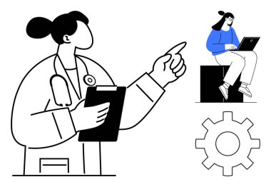 Sağlık çalışanı elinde not panosu, el kol hareketi, dizüstü bilgisayar kullanan bir kadın ve dişli ikonu tutuyor. Sağlık, eğitim, teknoloji, takım çalışması, yenilikçilik üretkenlik iletişimi için ideal. Basit.
