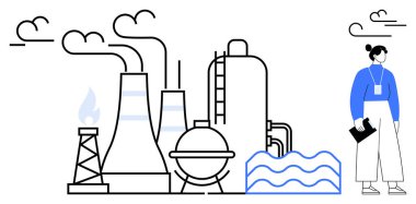 Kuleleri, bacası, yakıt kulesi, tankı ve duman çıkaran su dalgaları olan bir fabrika. Güvenlik teçhizatlı bir kadın elinde dosya tutuyor. Endüstri, teftiş, sürdürülebilirlik enerji güvenliği için ideal