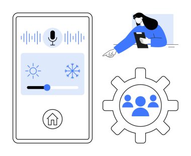 Akıllı ev yönetimi için mobil arayüz, tabletli kullanıcı, takım simgesi ile çark. Akıllı teknoloji, uzaktan kumanda, otomasyon, işbirliği, yenilik, takım çalışması için ideal basit iniş sayfası