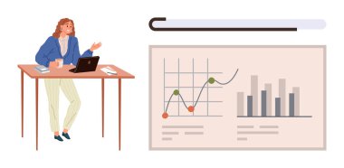 Resmi giyinmiş bir kadın elinde dizüstü bilgisayarla bir masada oturuyor ve ekranda grafikler gösteriyor. Takım çalışması, analitik, liderlik, eğitim, iş stratejisi, eğitim için ideal