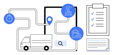 Teslimat kamyonu varış noktalarına, kronometreye, fabrikaya ve panoya bağlı. Lojistik, tedarik zinciri, dağıtım, zaman yönetimi, optimizasyon izleme ve planlama için ideal