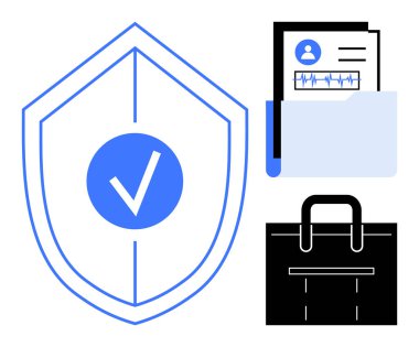 Korunmayı simgeleyen işaretli kalkanlar, kişisel dosya belgeleri içeren klasör, siyah evrak çantası. Siber güvenlik, veri yönetimi, gizlilik koruması, iş güvenliği ve uyum için ideal