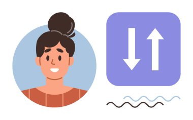 Siyah saçlı bir kadın, mor bir karenin yanında gülümsüyor. Okları yukarı aşağı sallıyor. Dalgalı çizgiler akışı ya da diyaloğu vurgular. İletişim, veri alışverişi, geri bildirim, denge için ideal